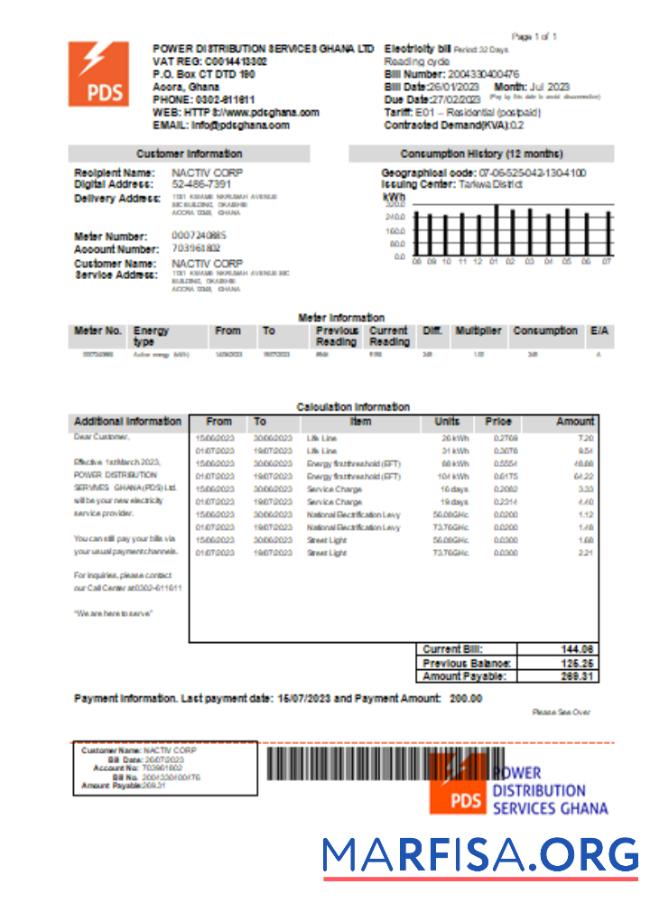 Blank PDS Ghana Limited electricity utility business bill, SCR template